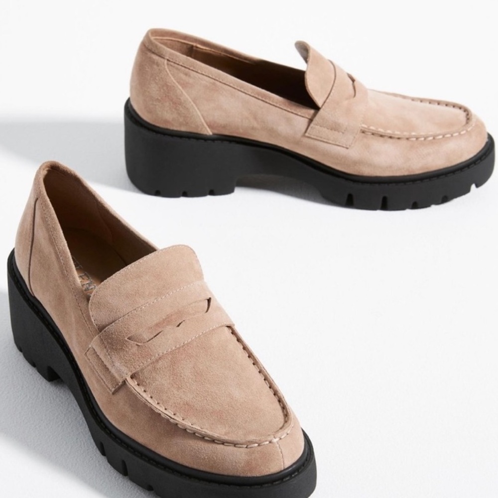 Anthropologie Beige Suede Platform Penny Loafers